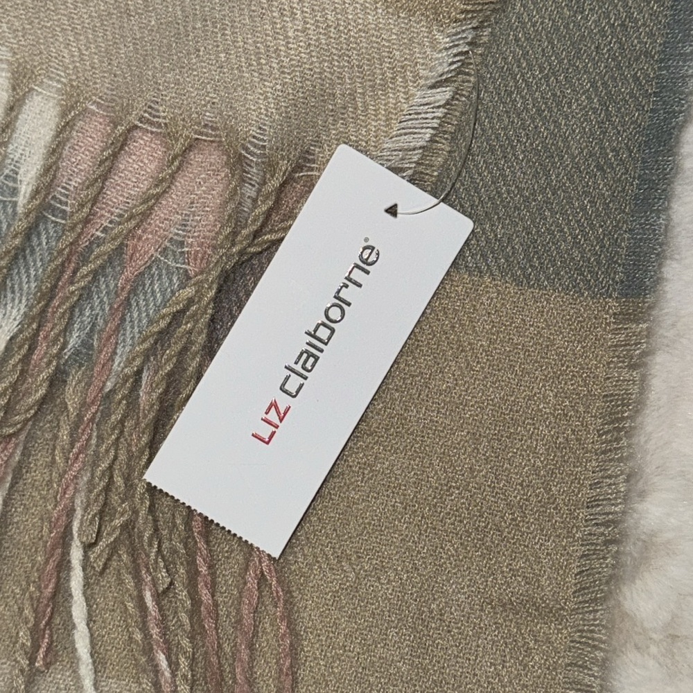 Liz Claiborne Knit Scarf Autumn Plaid Tan Blue Pink NEW - Picture 5 of 7